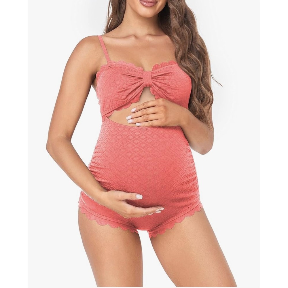 NEW East Elegant Maternity Small Swimsuit One Piece Bow Cutout Coral‎ Swimwear